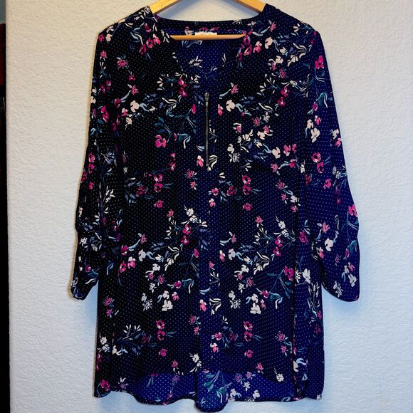 Maurices Plus Size 1 Blue Polka Dot Floral 3/4 Tab Sleeve Blouse Quarter Zip‎ - Picture 4 of 9